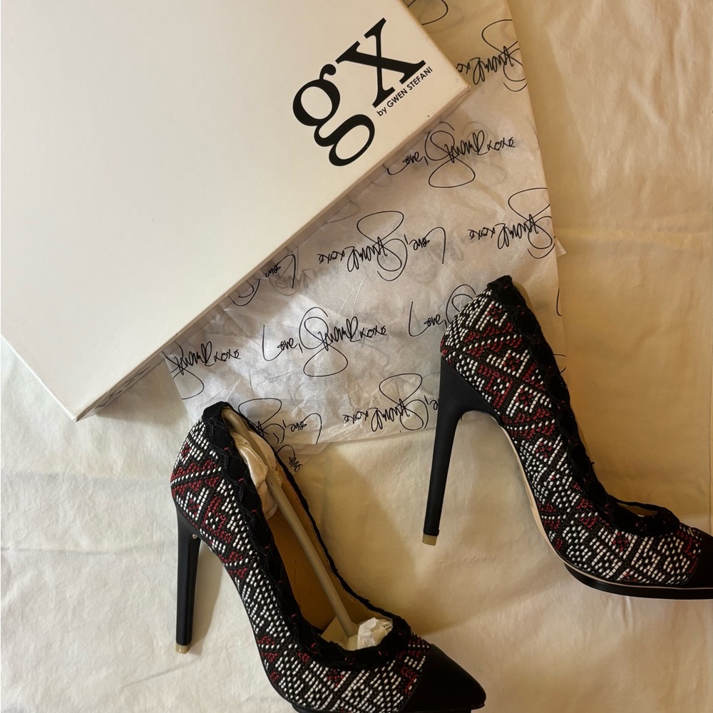 GX by Gwen Stefani Black Red and White Woven Pointed Toe Stiletto Pumps